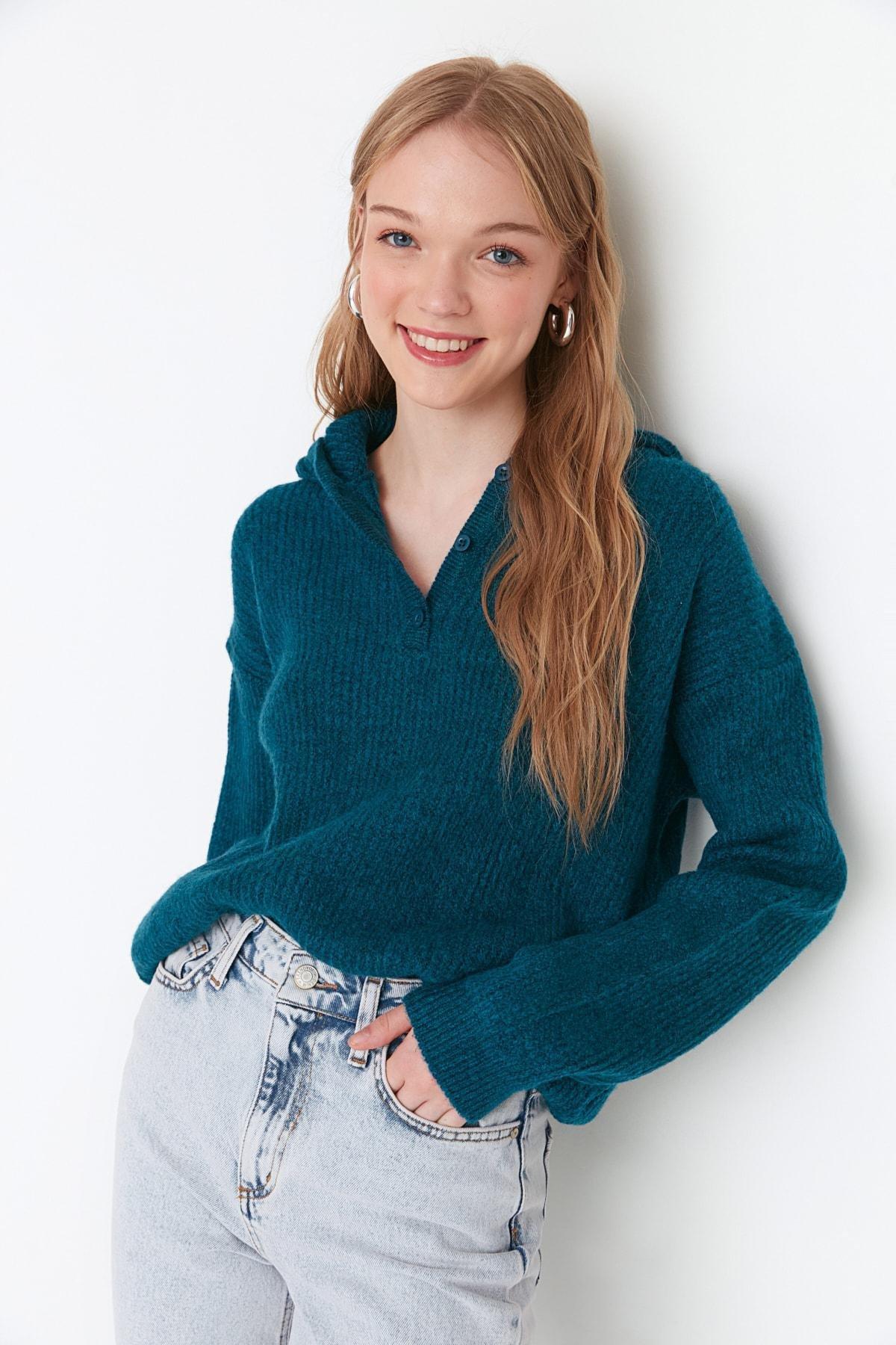 Navy V-Neck Hooded Sweater, , large image number 0