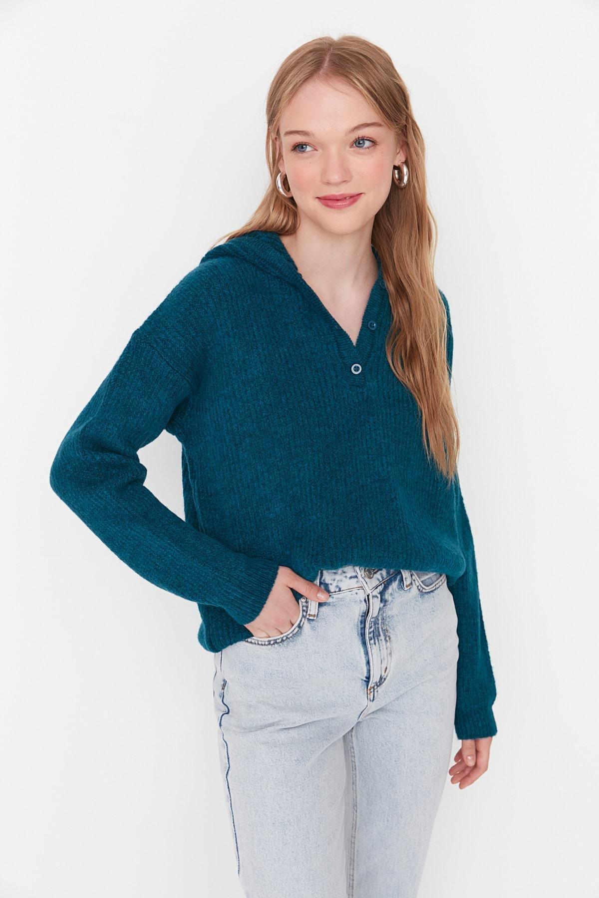 Navy V-Neck Hooded Sweater, , large image number 1