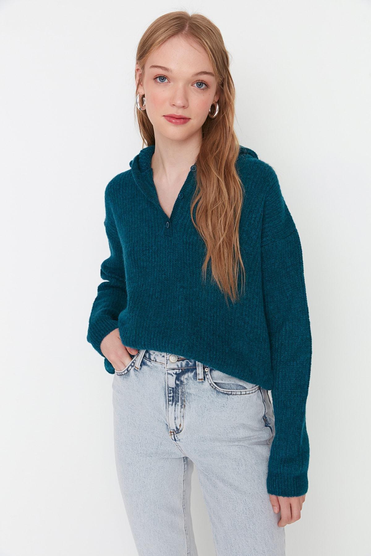 Navy V-Neck Hooded Sweater, , large image number 2