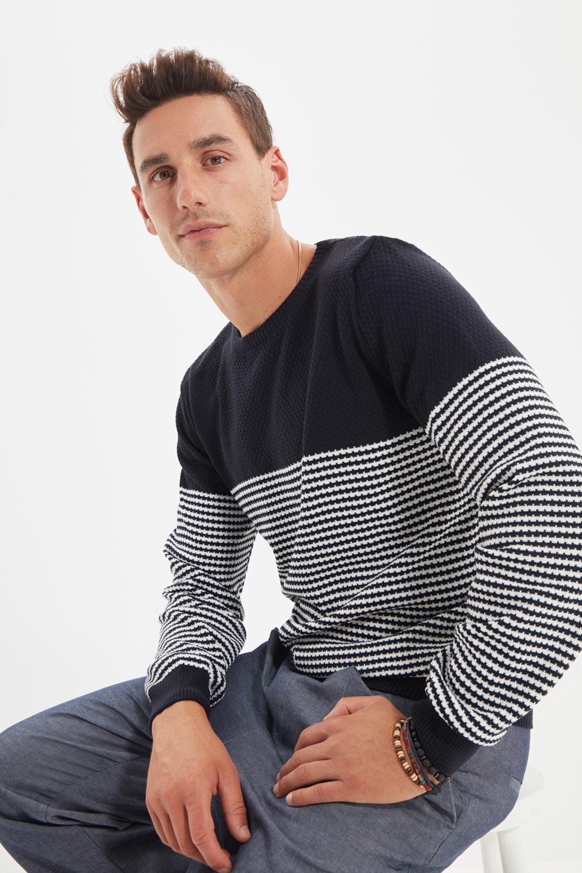 Navy Crew Neck Striped Sweater, , large image number 1