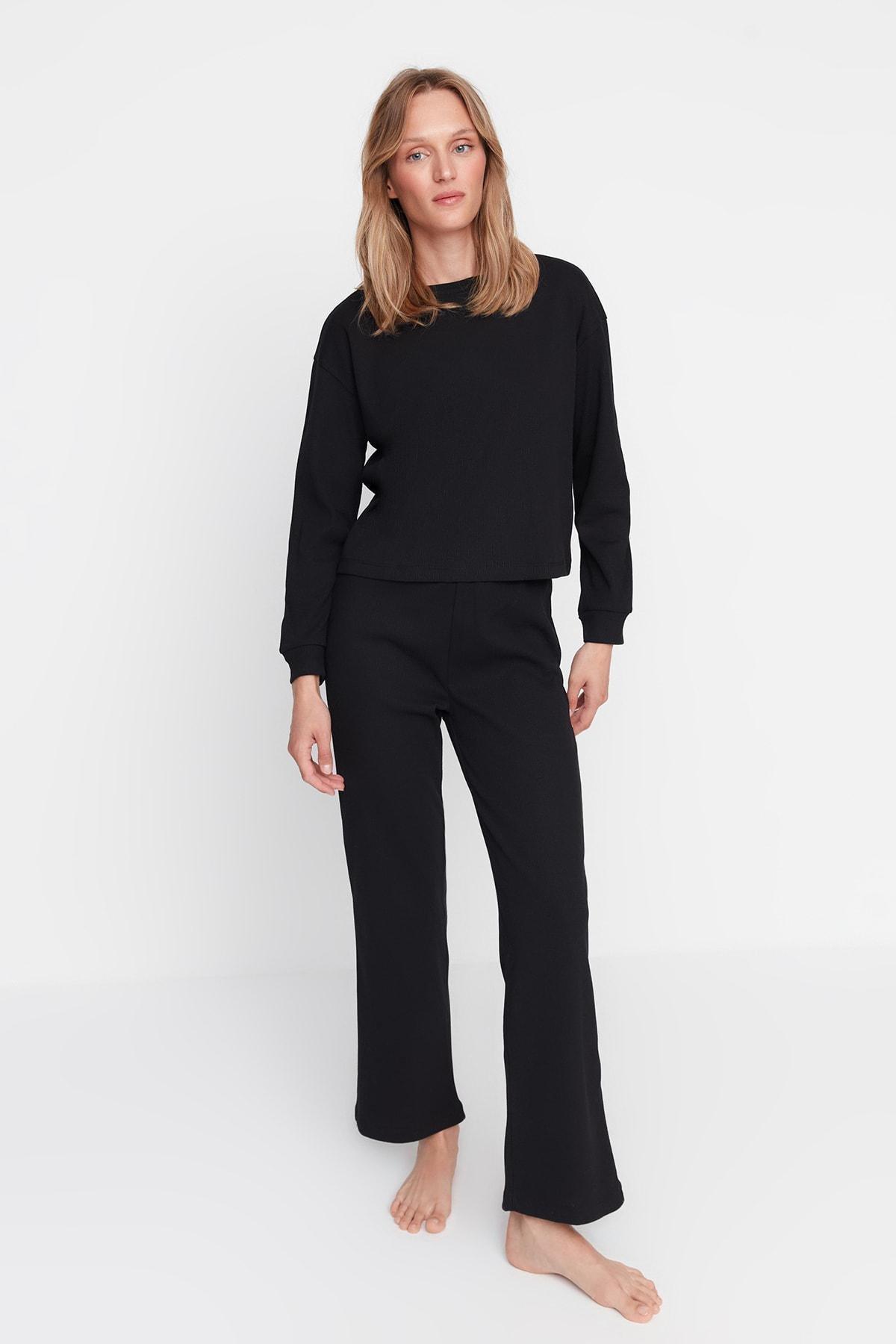 Black Crew Neck Pajama Set, Black, large image number 0