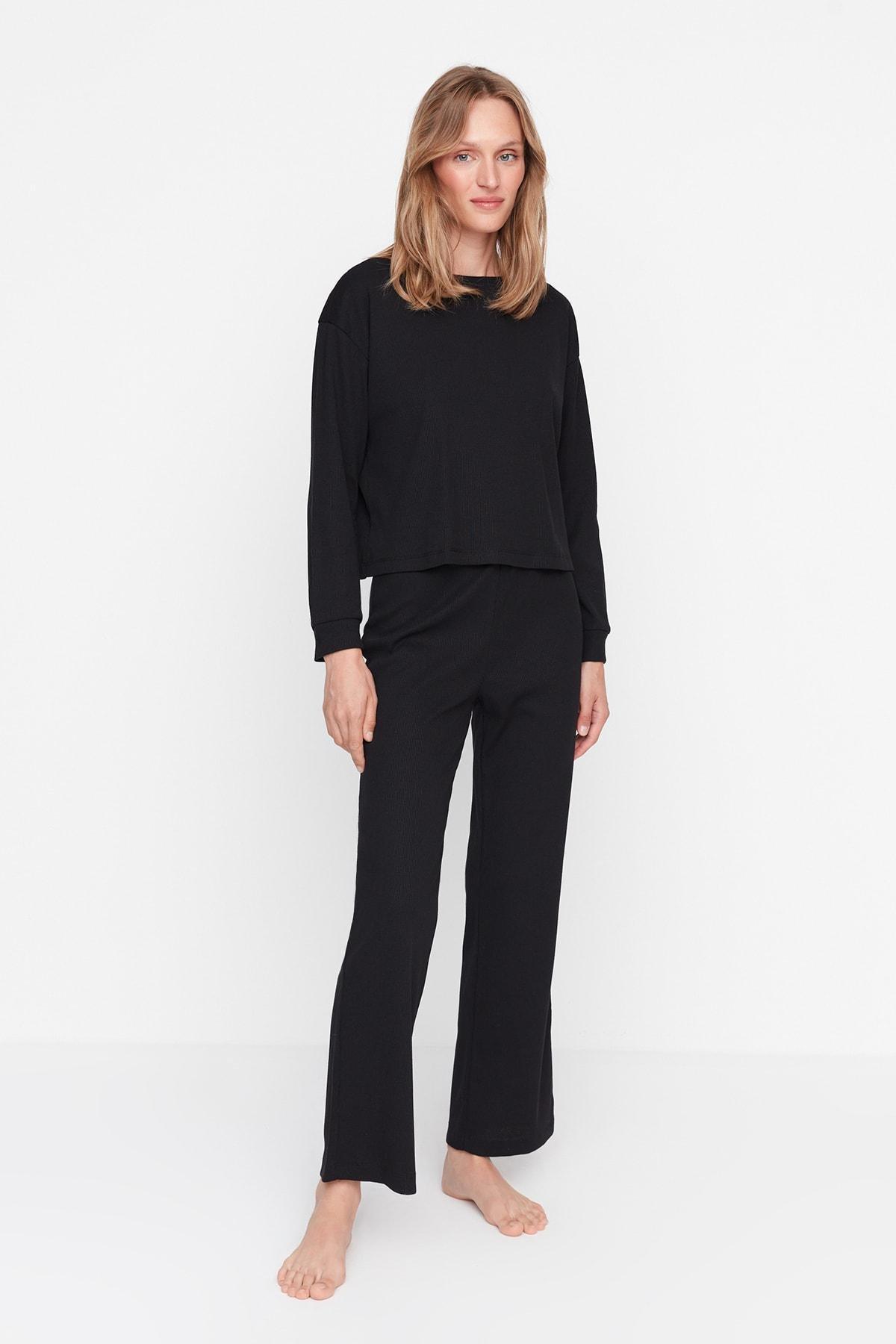 Black Crew Neck Pajama Set, Black, large image number 2