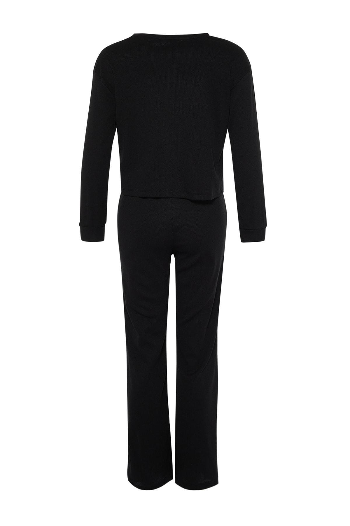 Black Crew Neck Pajama Set, Black, large image number 6