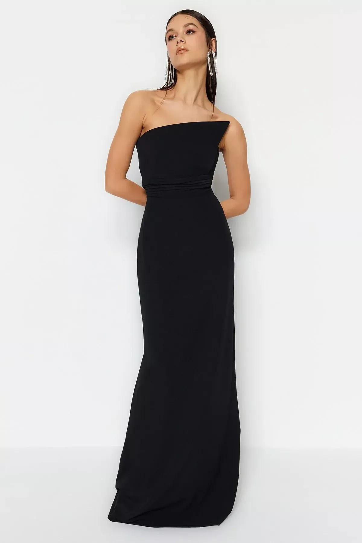 Black Strapless A-Line Floor-Length Dress, Black, medium