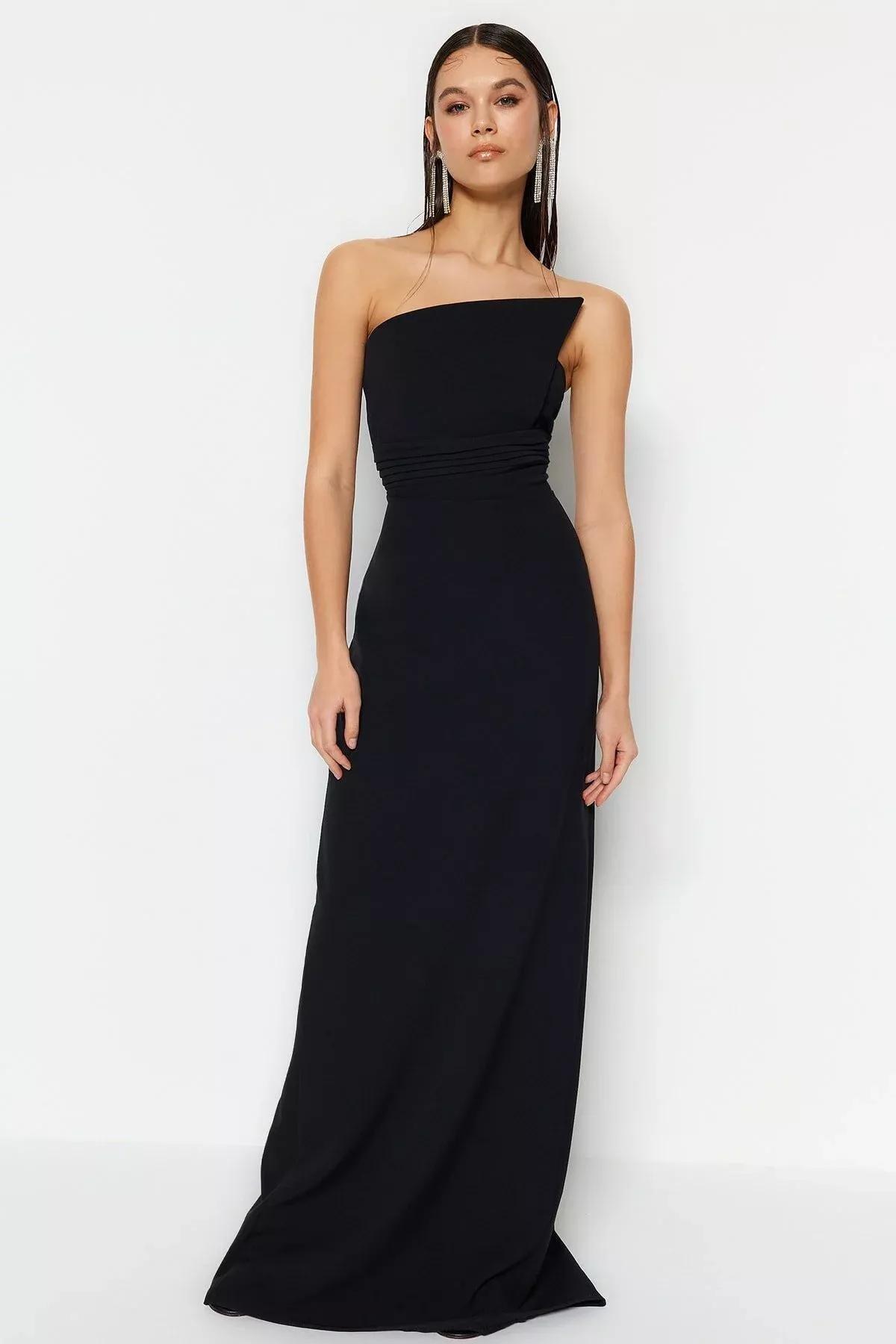 Black Strapless A-Line Floor-Length Dress, Black, medium