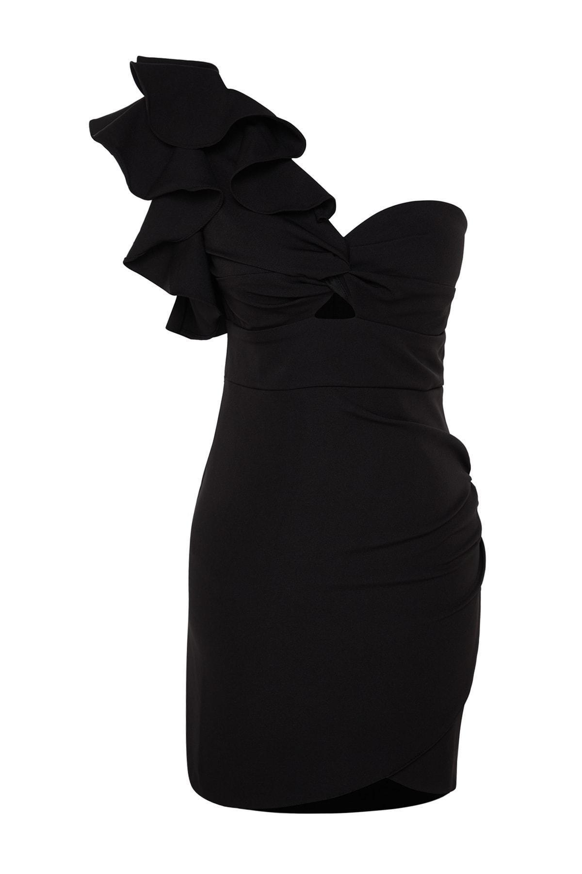 Trendyol - Black Asymmetrical Collar Fitted Wrapover Dress