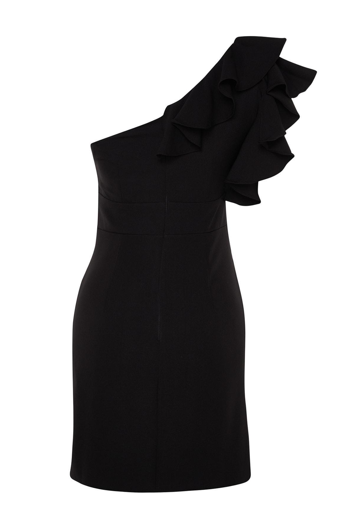 Trendyol - Black Asymmetrical Collar Fitted Wrapover Dress