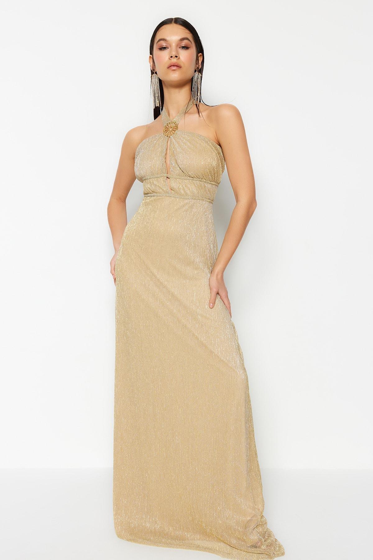 Gold Asymmetrical Collar A-Line Occasionwear Dress, , large image number 0