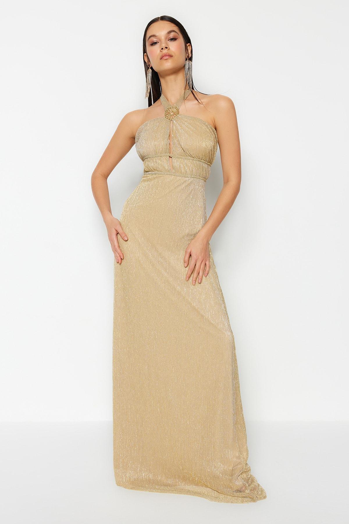 Gold Asymmetrical Collar A-Line Occasionwear Dress, , large image number 1