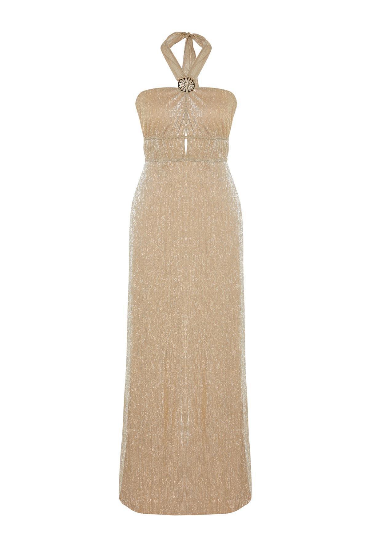 Gold Asymmetrical Collar A-Line Occasionwear Dress, , large image number 5