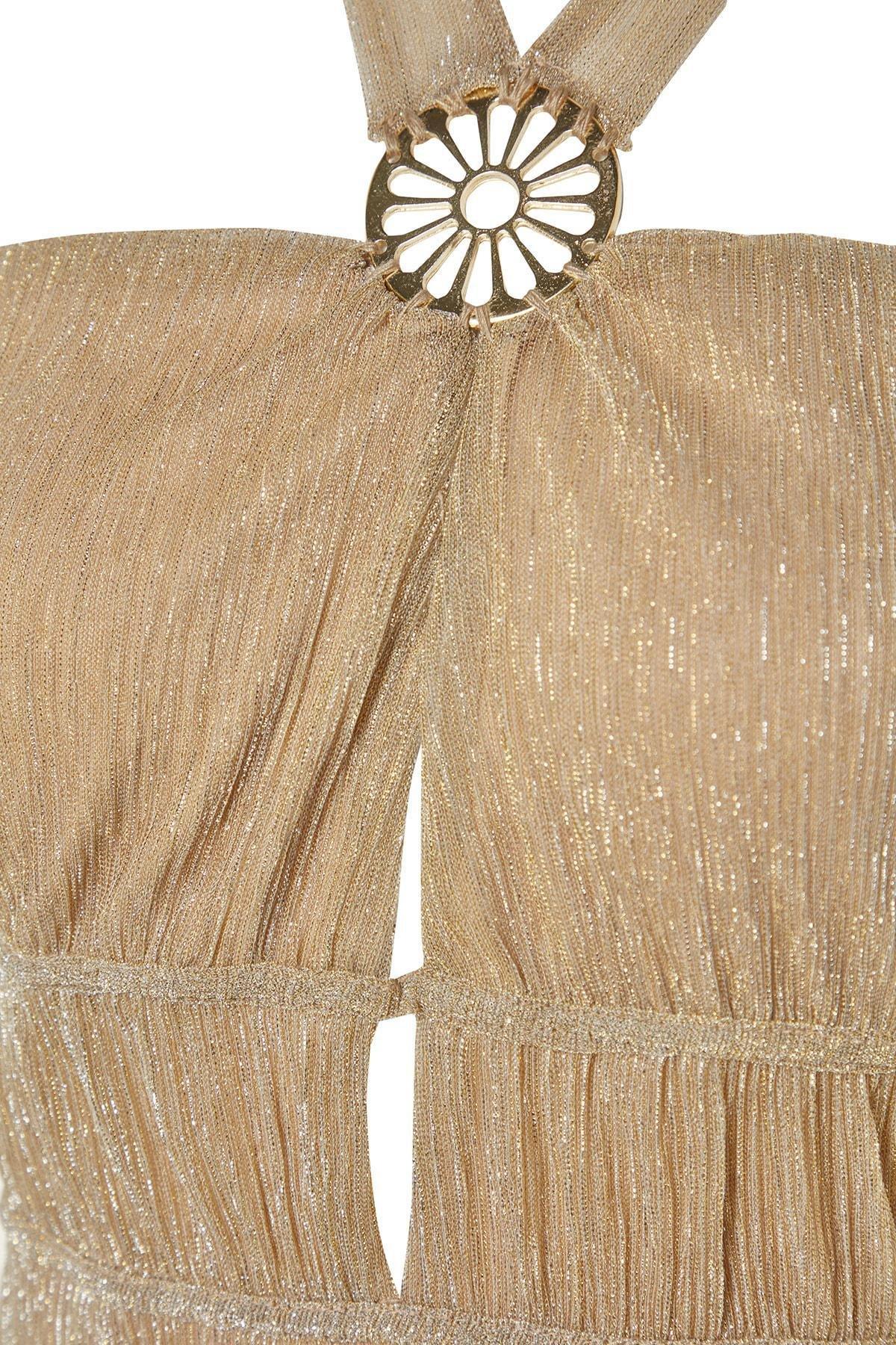 Gold Asymmetrical Collar A-Line Occasionwear Dress, , large image number 6