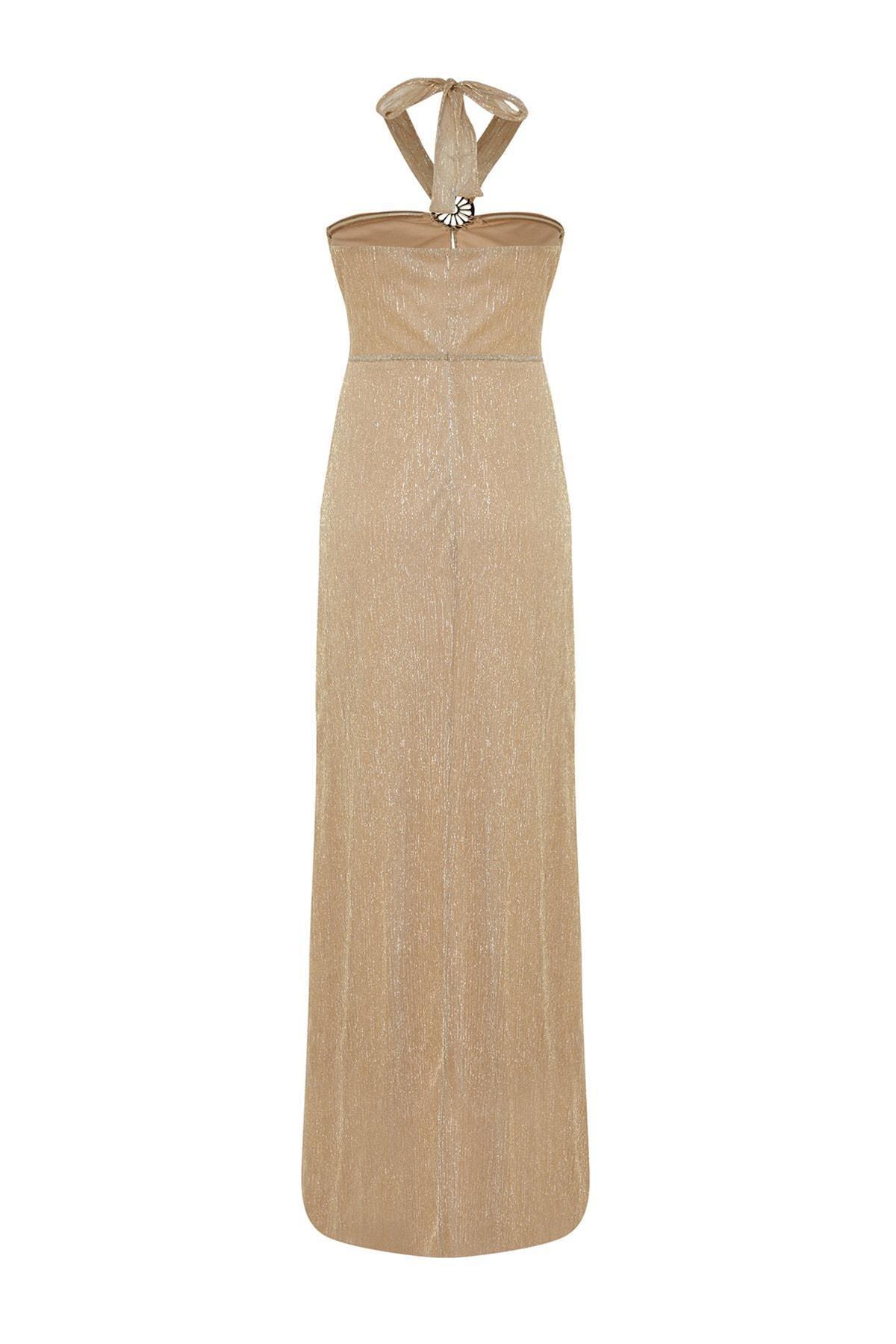 Gold Asymmetrical Collar A-Line Occasionwear Dress, , large image number 7