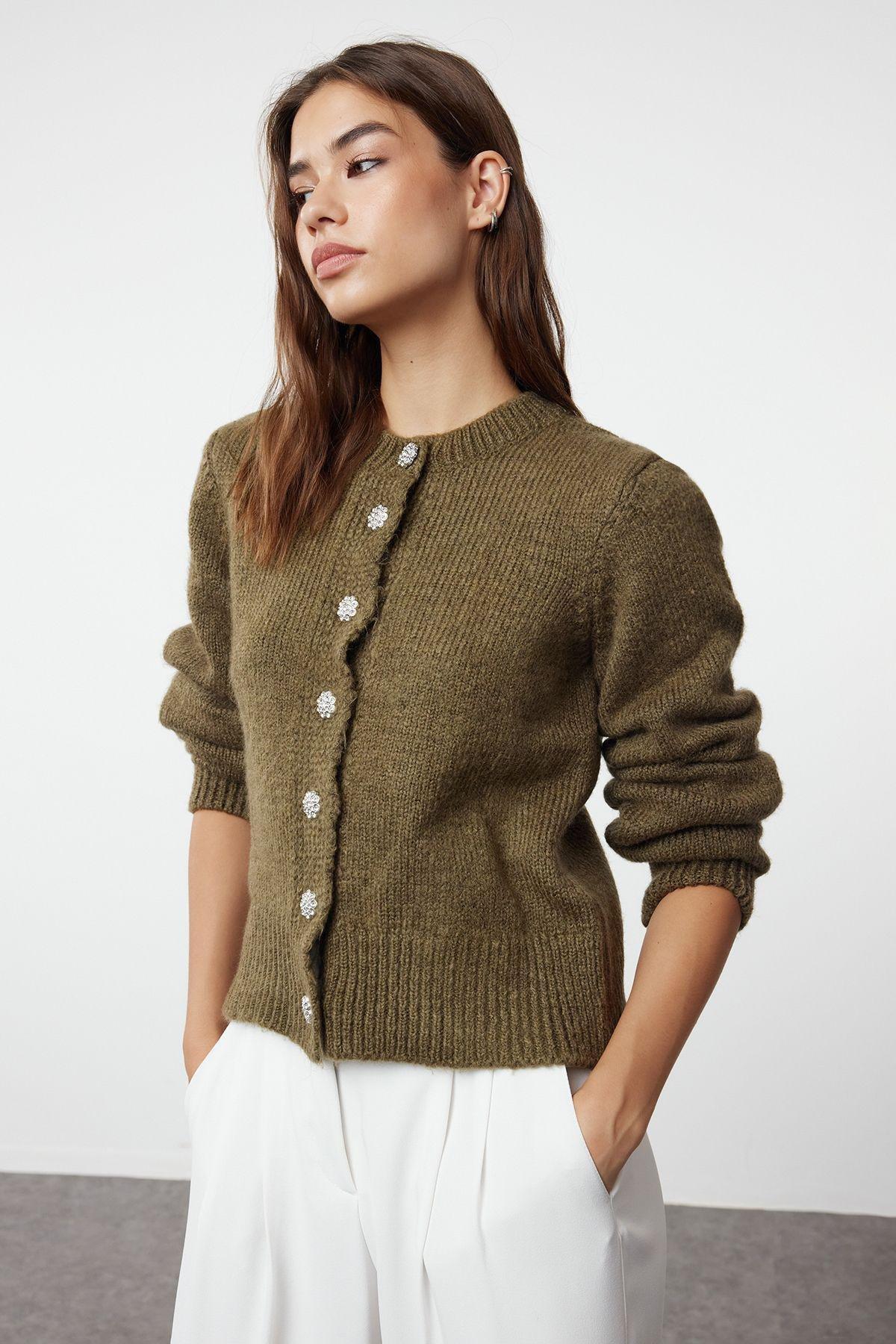 Khaki Textured Buttoned Knitted Cardigan, , large image number 0
