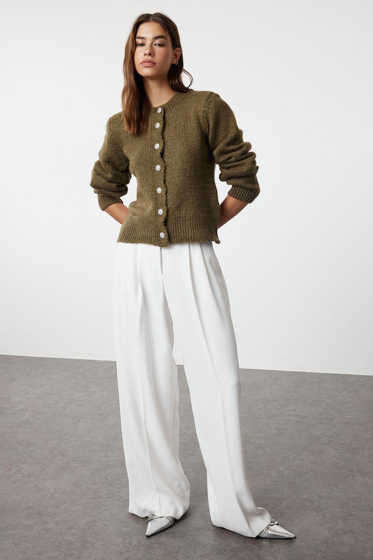 Khaki Textured Buttoned Knitted Cardigan, , large image number 1