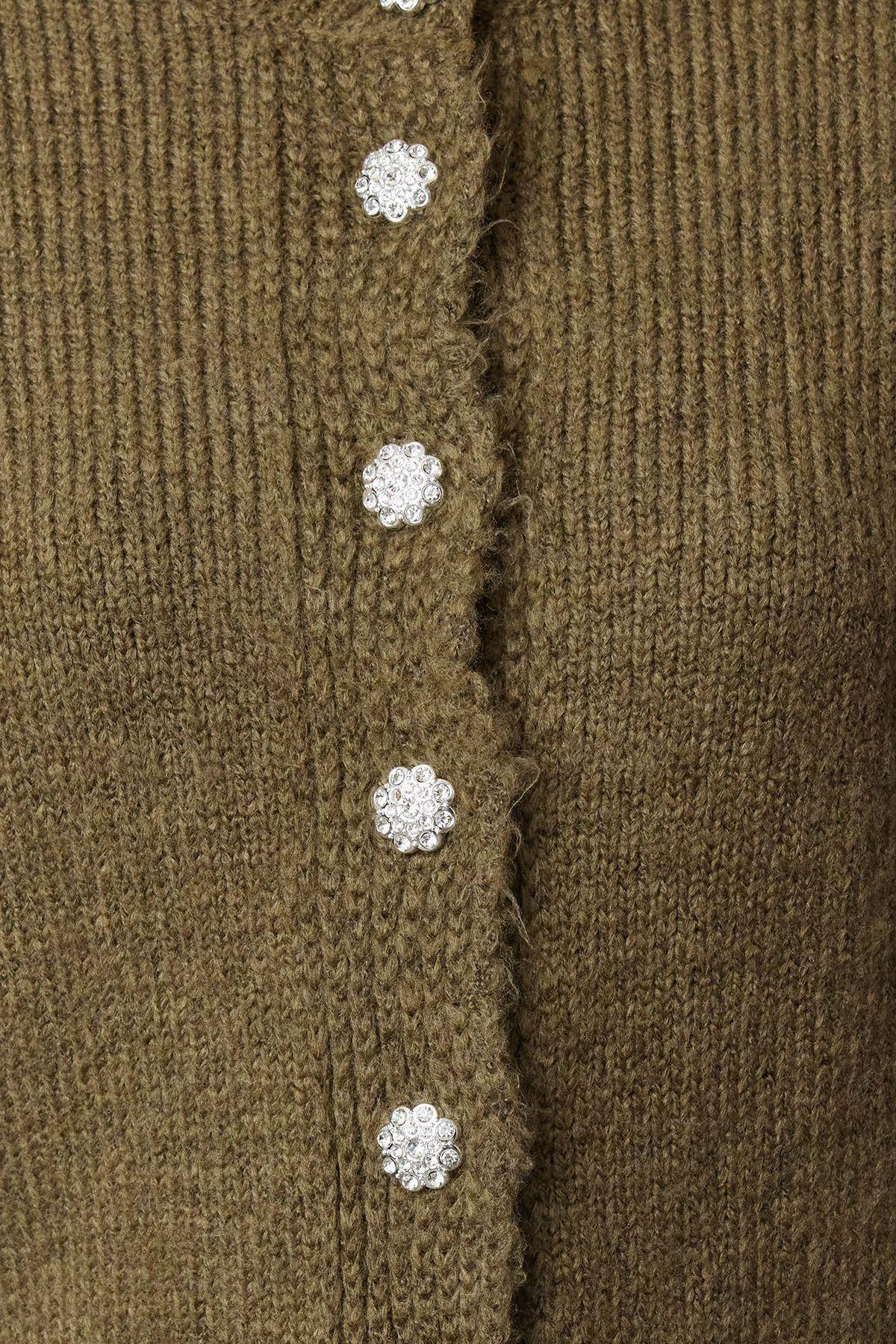 Khaki Textured Buttoned Knitted Cardigan, , large image number 2