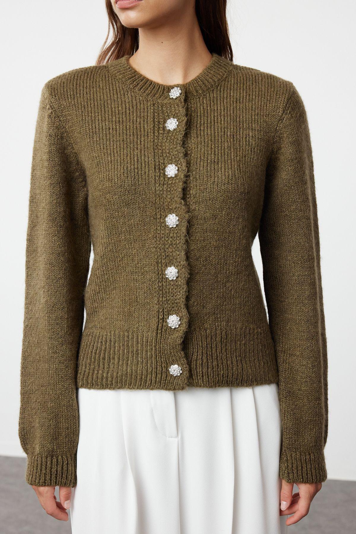 Khaki Textured Buttoned Knitted Cardigan, , large image number 3