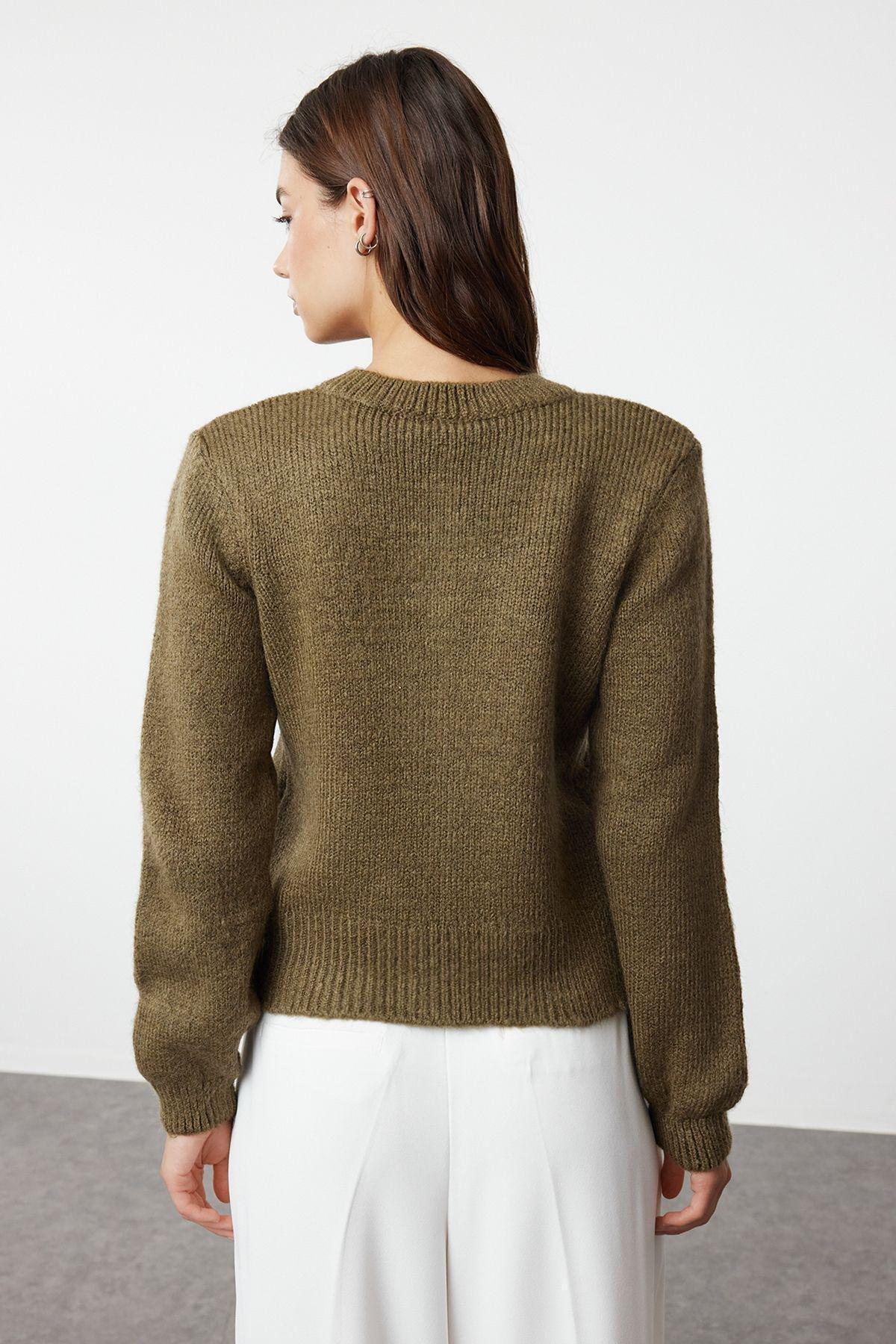 Khaki Textured Buttoned Knitted Cardigan, , large image number 4