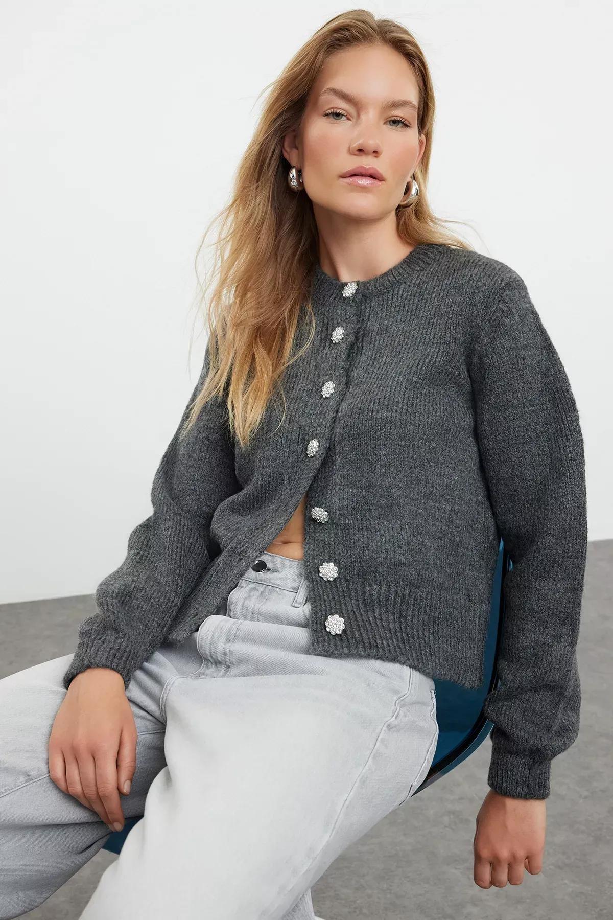 Gray Crew Neck Cardigan, , large image number 0