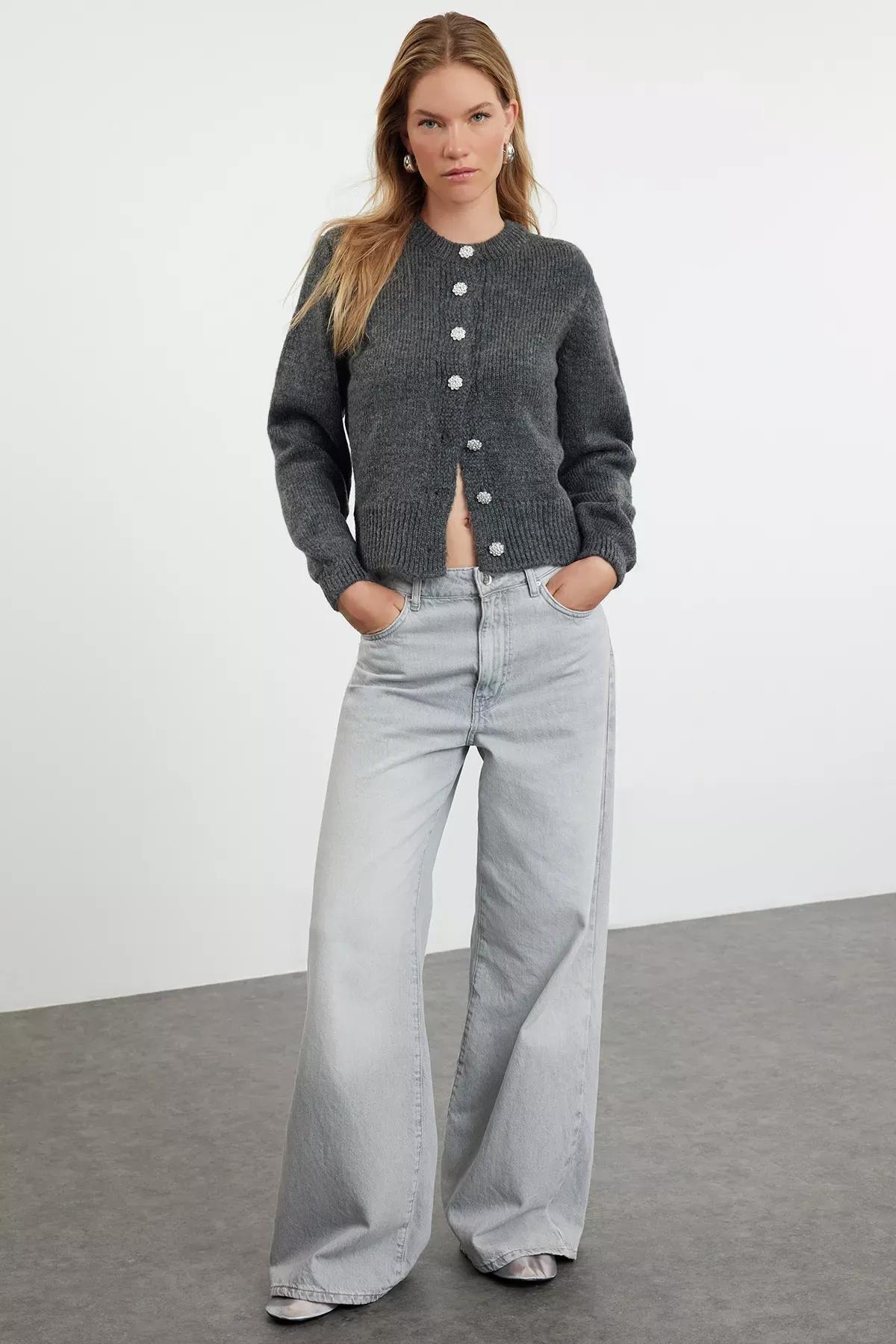 Gray Crew Neck Cardigan, , large image number 4