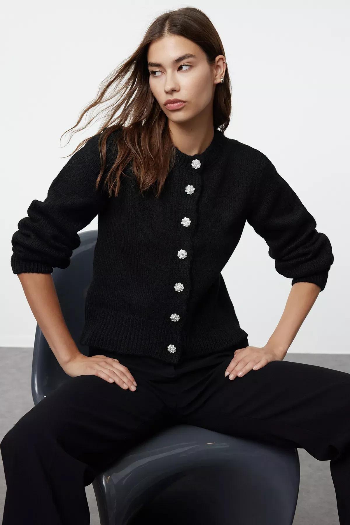 Black Crew Neck Cardigan, , large image number 0