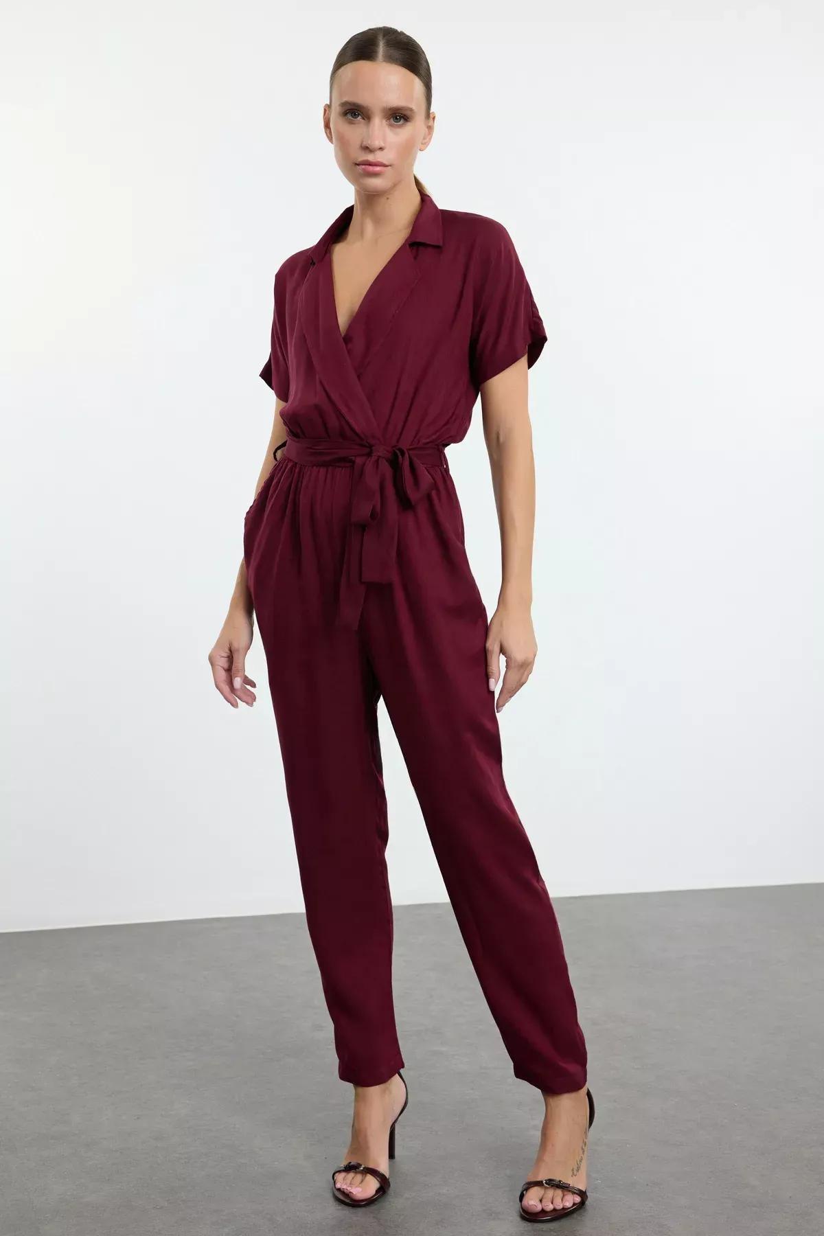 Burgundy Belted Woven Flowy Jumpsuit, , medium