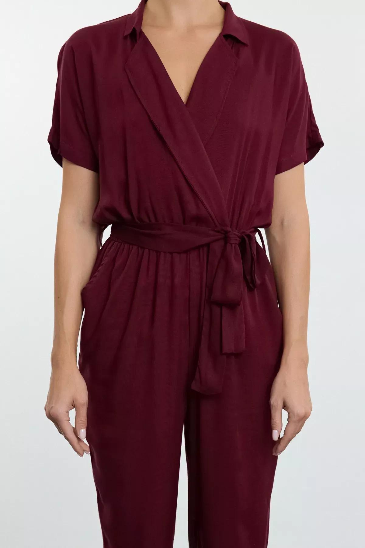 Burgundy Belted Woven Flowy Jumpsuit, , large image number 1