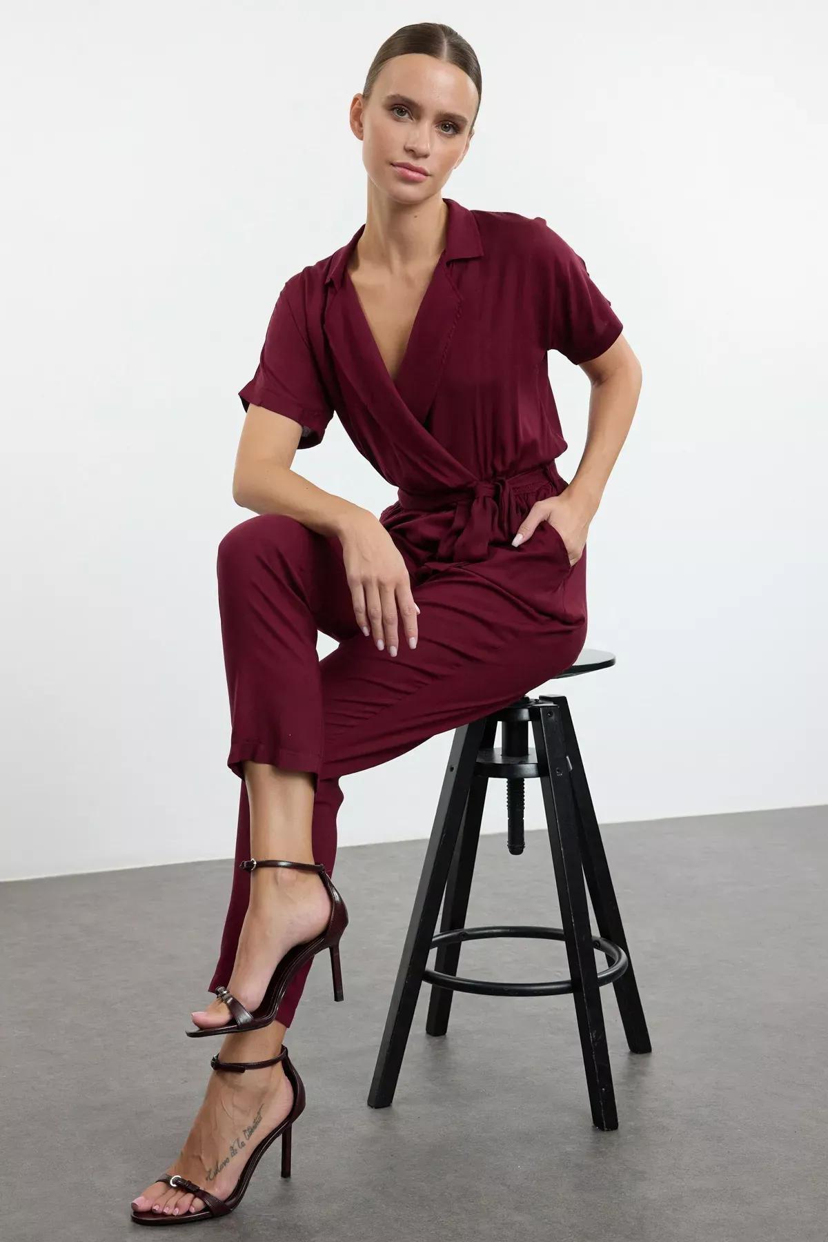Burgundy Belted Woven Flowy Jumpsuit, , large image number 2