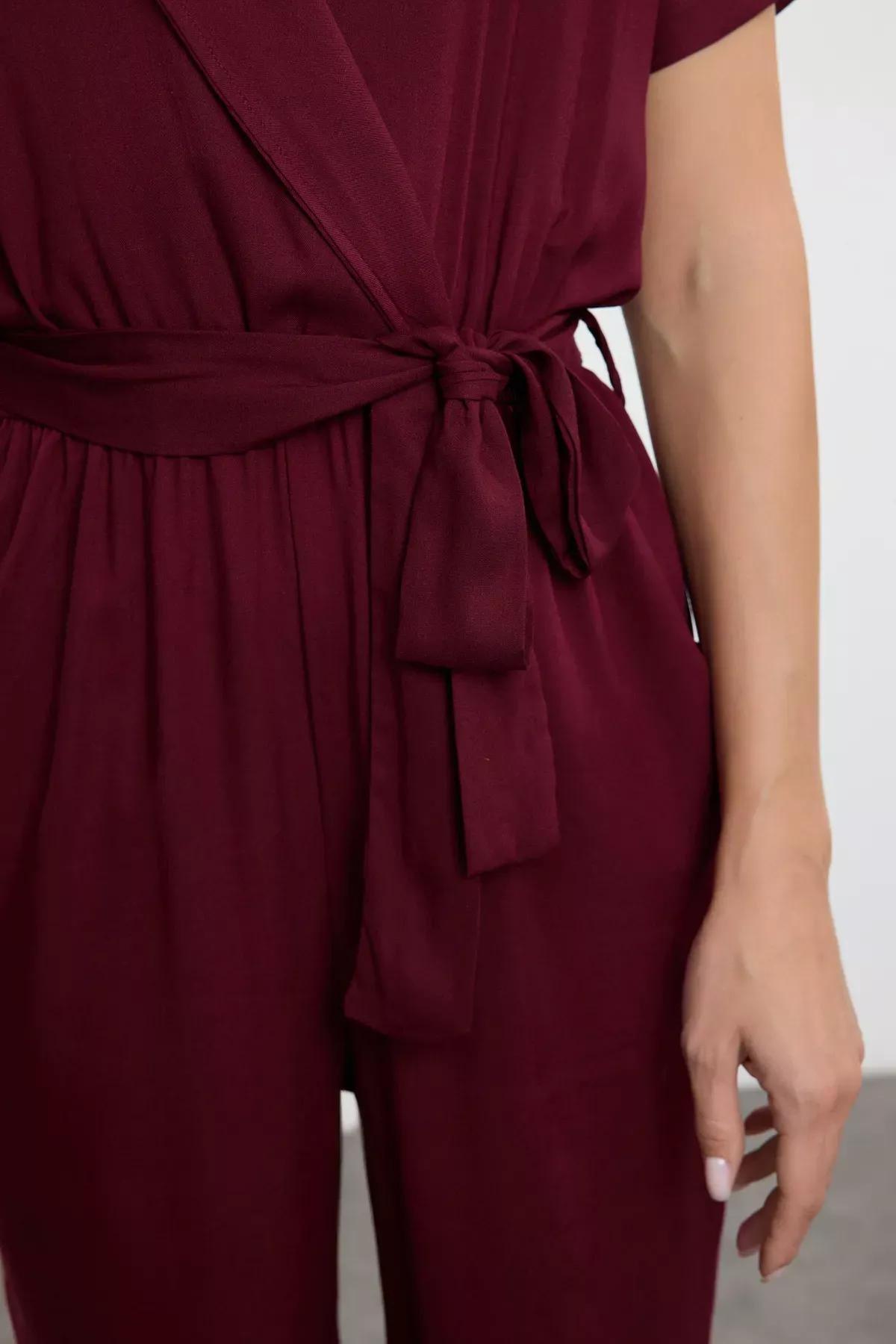 Burgundy Belted Woven Flowy Jumpsuit, , large image number 3