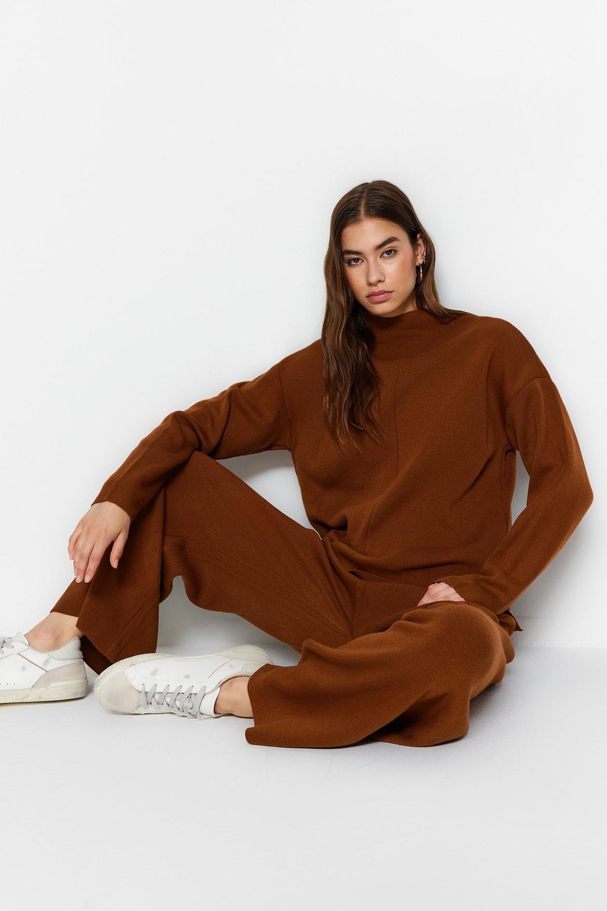 Brown Relaxed Mid Waist Co-Ord Set, Brown, large image number 3