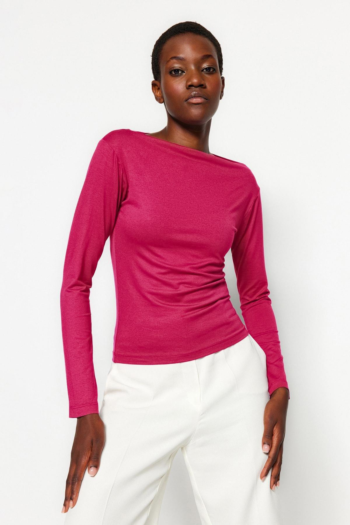 بلوزة مُحاكة بقصة ضيقة وأكمام طويلة، وردي, Burgundy, large image number 0