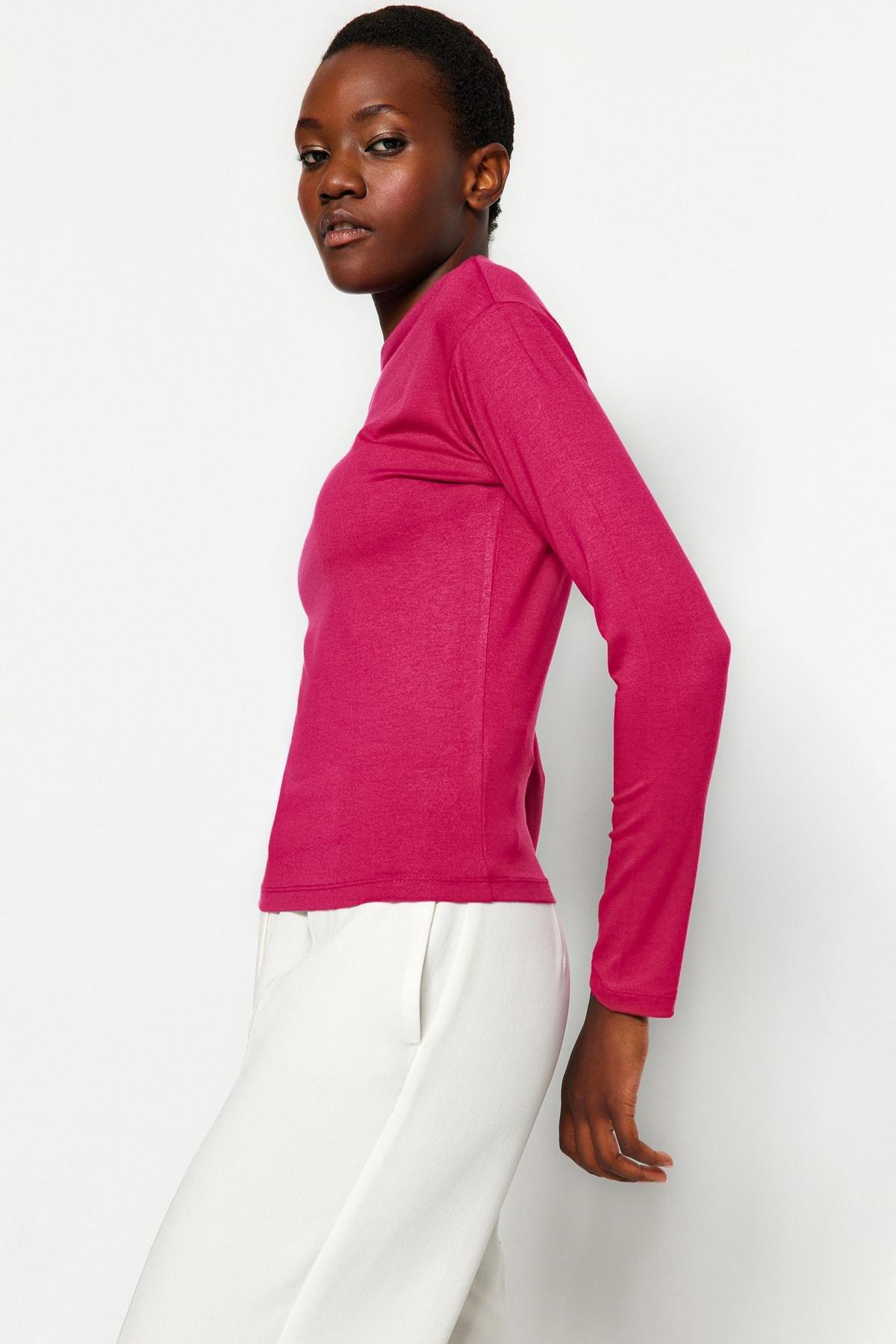 بلوزة مُحاكة بقصة ضيقة وأكمام طويلة، وردي, Burgundy, large image number 1