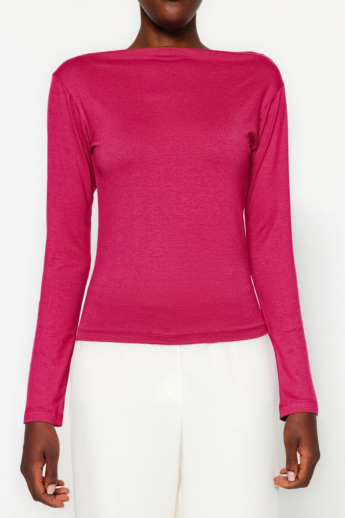 بلوزة مُحاكة بقصة ضيقة وأكمام طويلة، وردي, Burgundy, large image number 2