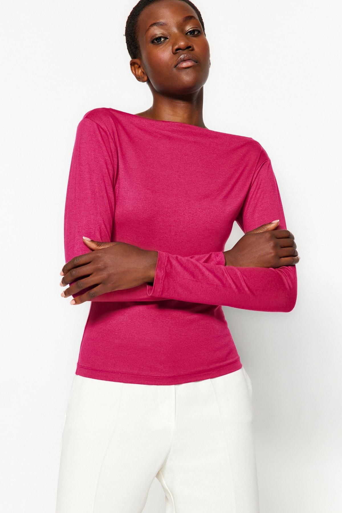 بلوزة مُحاكة بقصة ضيقة وأكمام طويلة، وردي, Burgundy, large image number 3