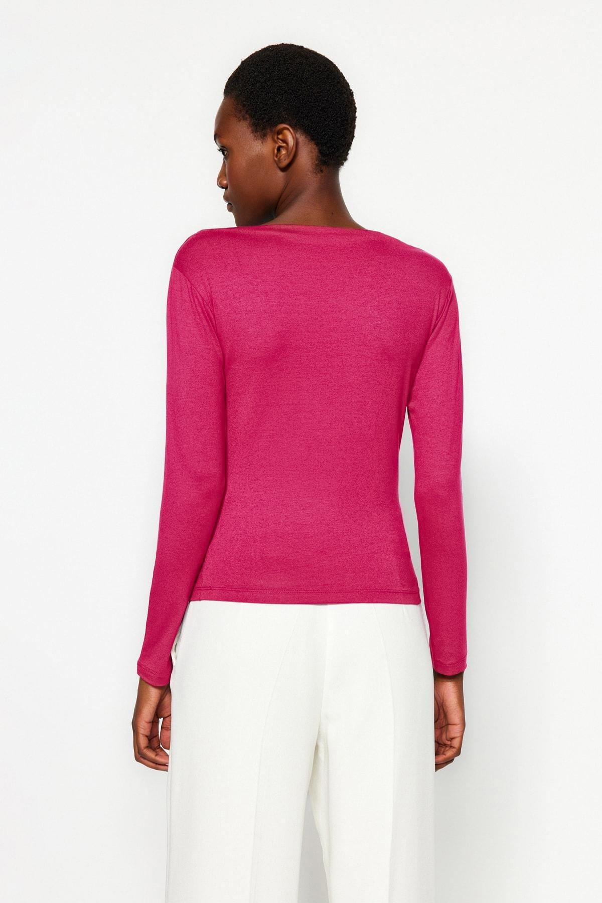 بلوزة مُحاكة بقصة ضيقة وأكمام طويلة، وردي, Burgundy, large image number 4