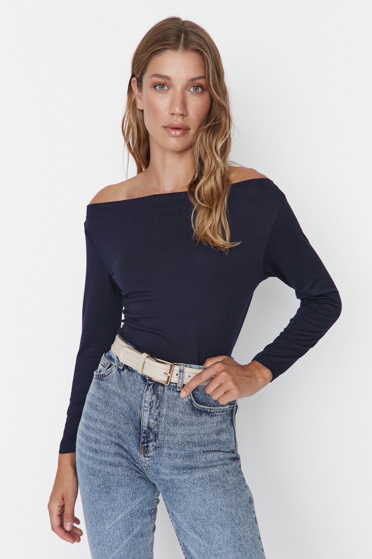 بلوزة بقصة ضيقة، أزرق, Dark blue, large image number 2