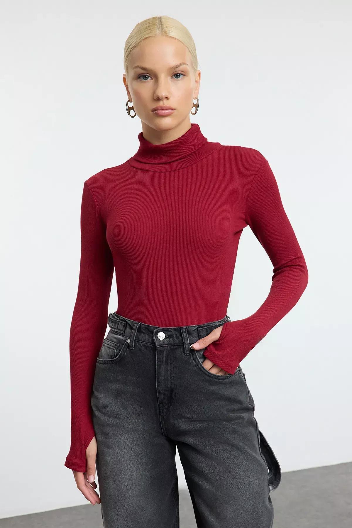 Burgundy Turtleneck Ribbed Blouse, , large image number 0