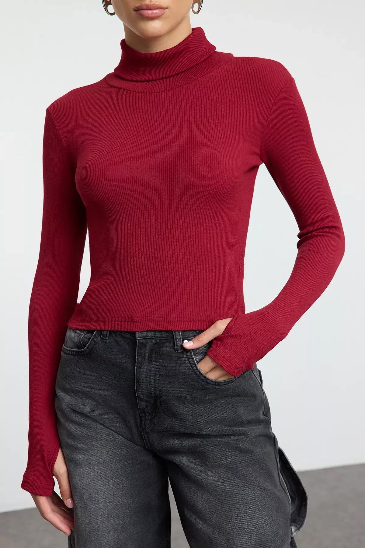 Burgundy Turtleneck Ribbed Blouse, , large image number 2