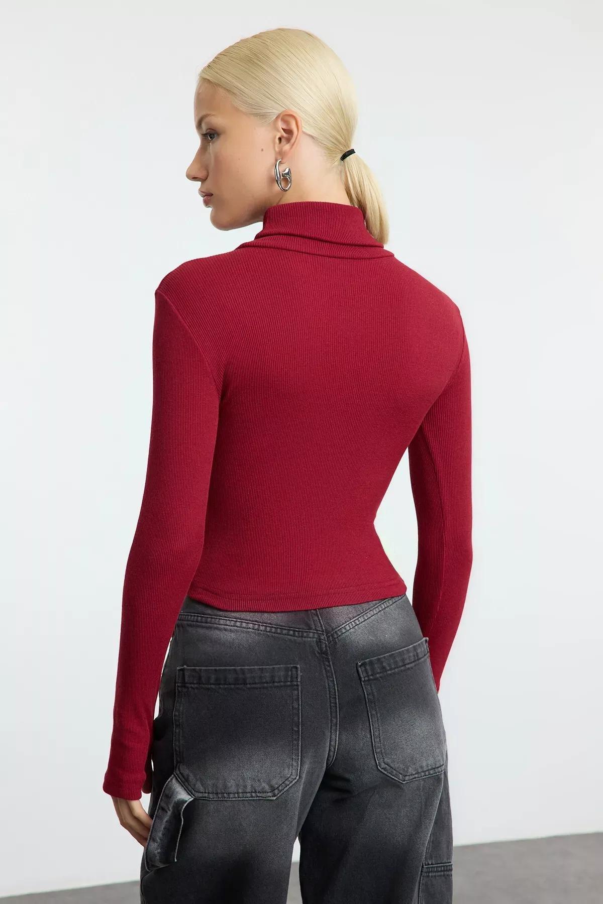 Burgundy Turtleneck Ribbed Blouse, , large image number 4