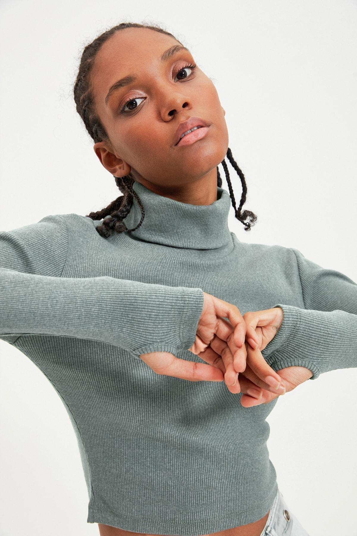 Green Turtleneck Ribbed Blouse, Green, large image number 0