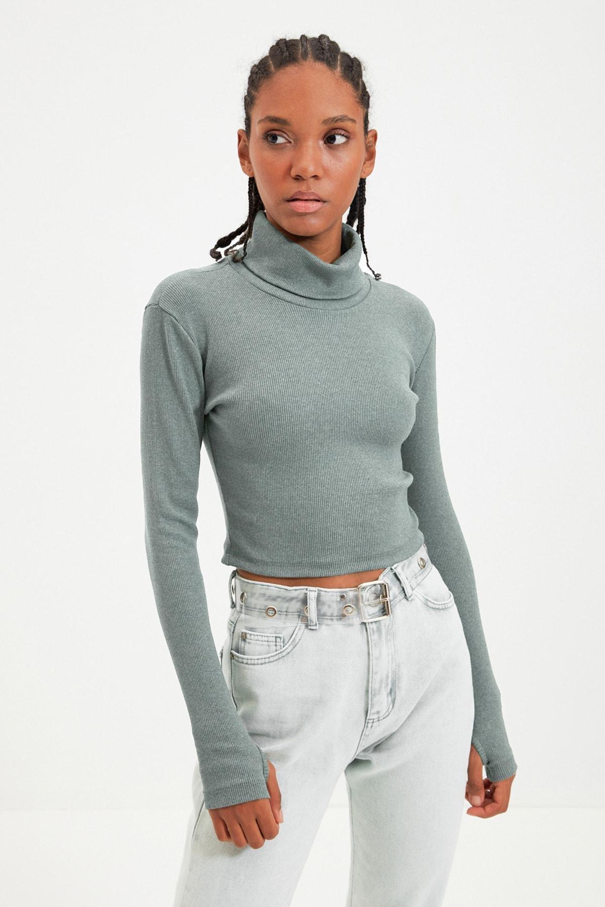Green Turtleneck Ribbed Blouse, Green, large image number 6