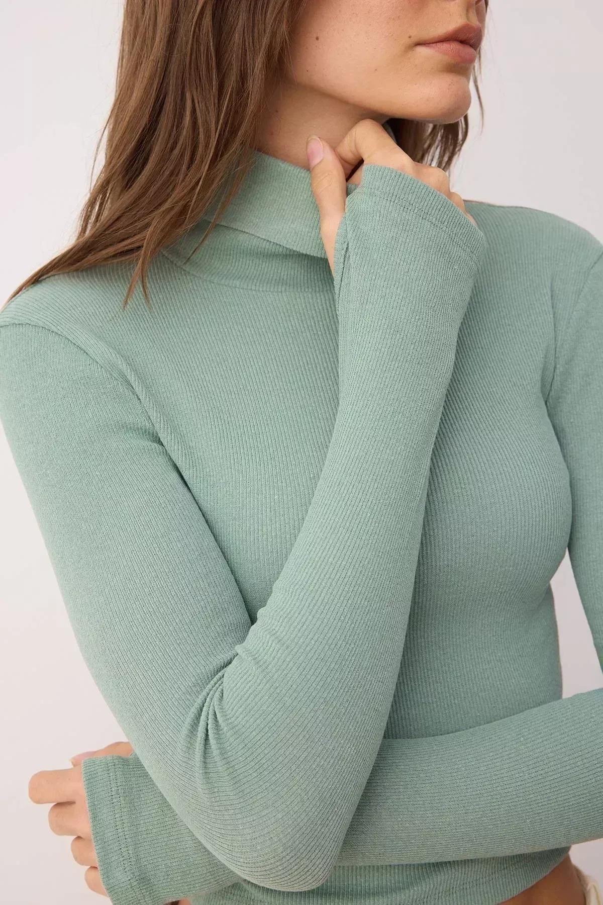 Green Turtleneck Ribbed Blouse, Green, large image number 8