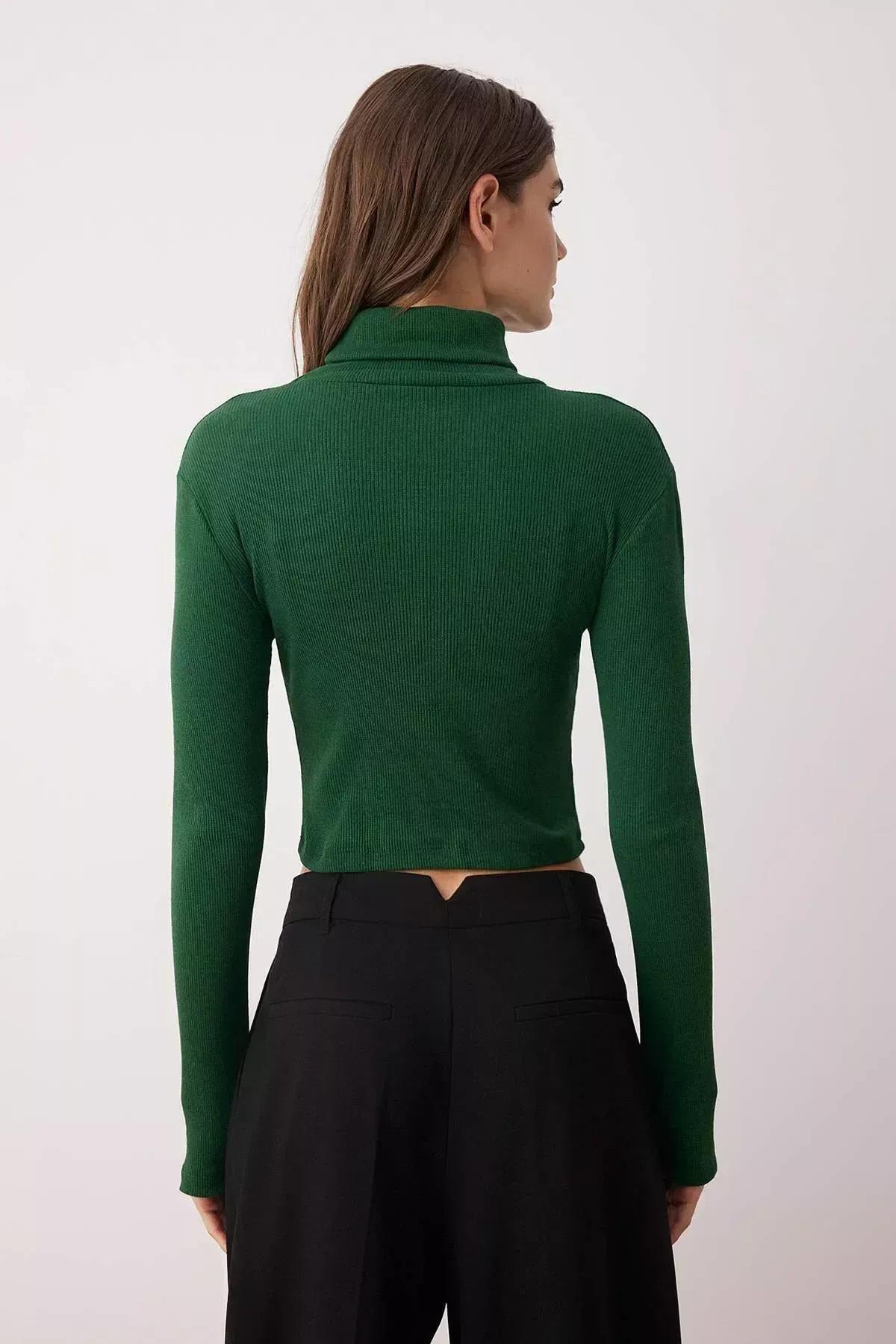 Green Turtleneck Ribbed Blouse, Green, large image number 12