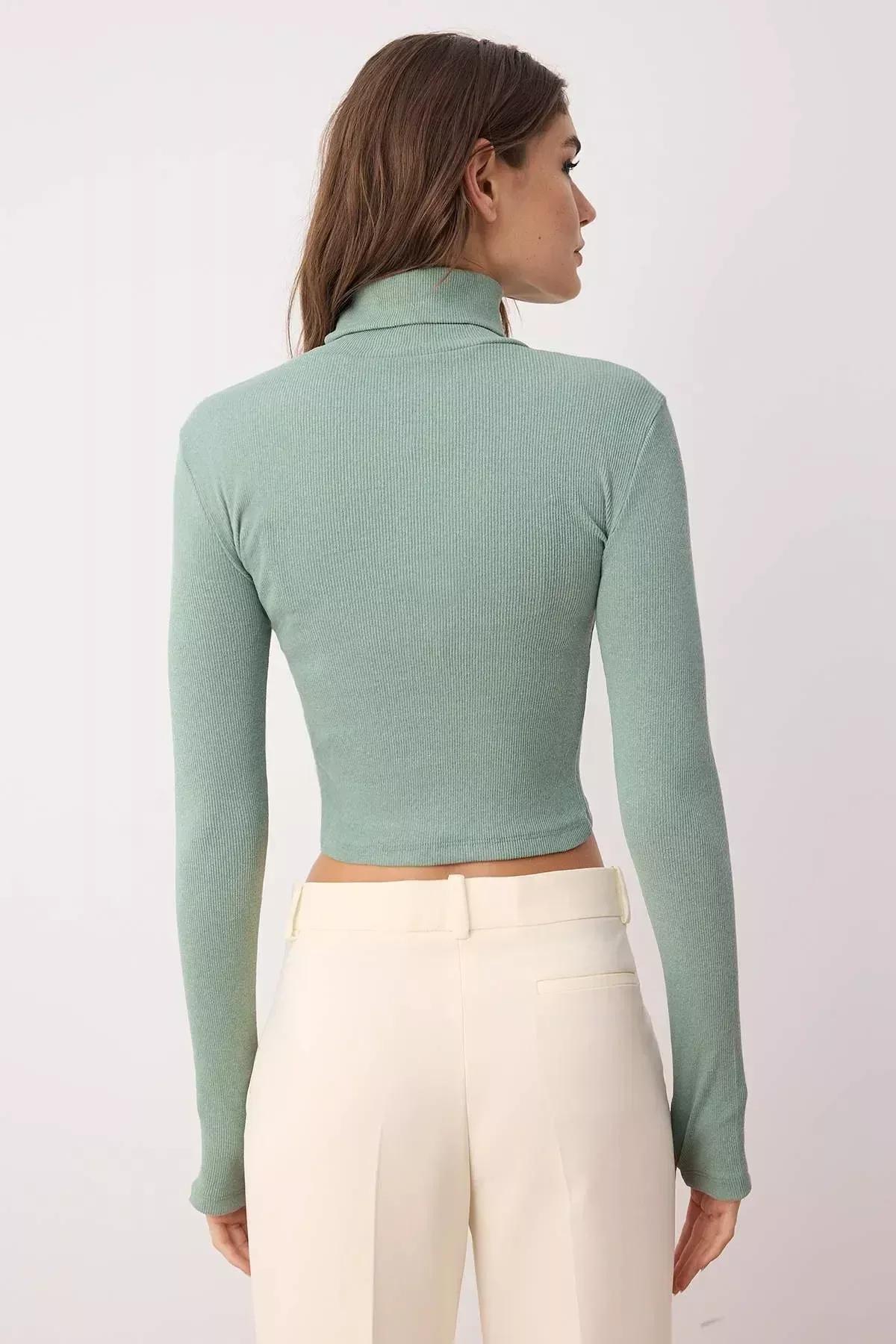 Green Turtleneck Ribbed Blouse, Green, large image number 13