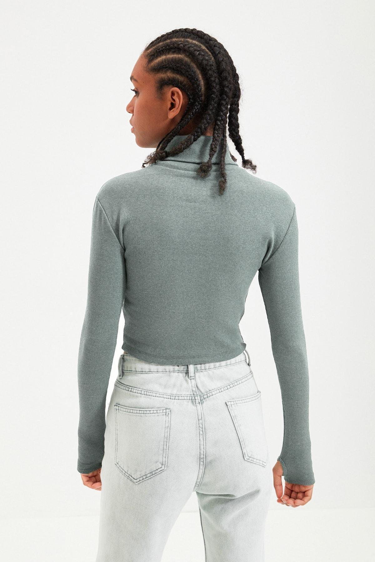 Green Turtleneck Ribbed Blouse, Green, large image number 14