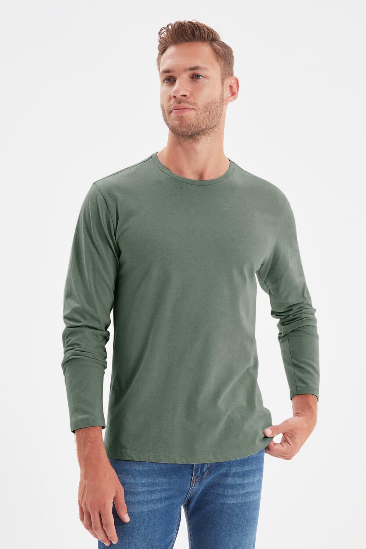 Green Crew Neck Long Sleeve T-Shirt, , medium