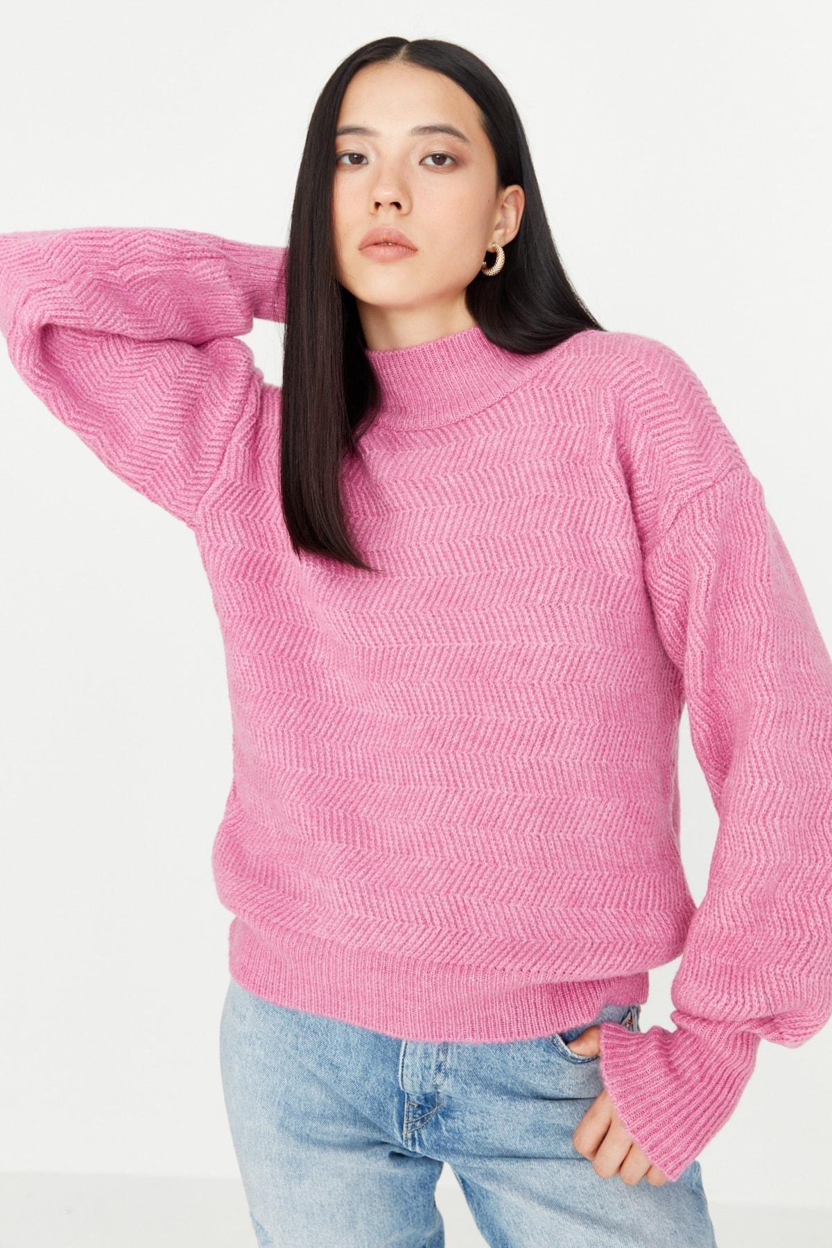 Pink Knitted Balloon Sleeve Sweater, , large image number 0