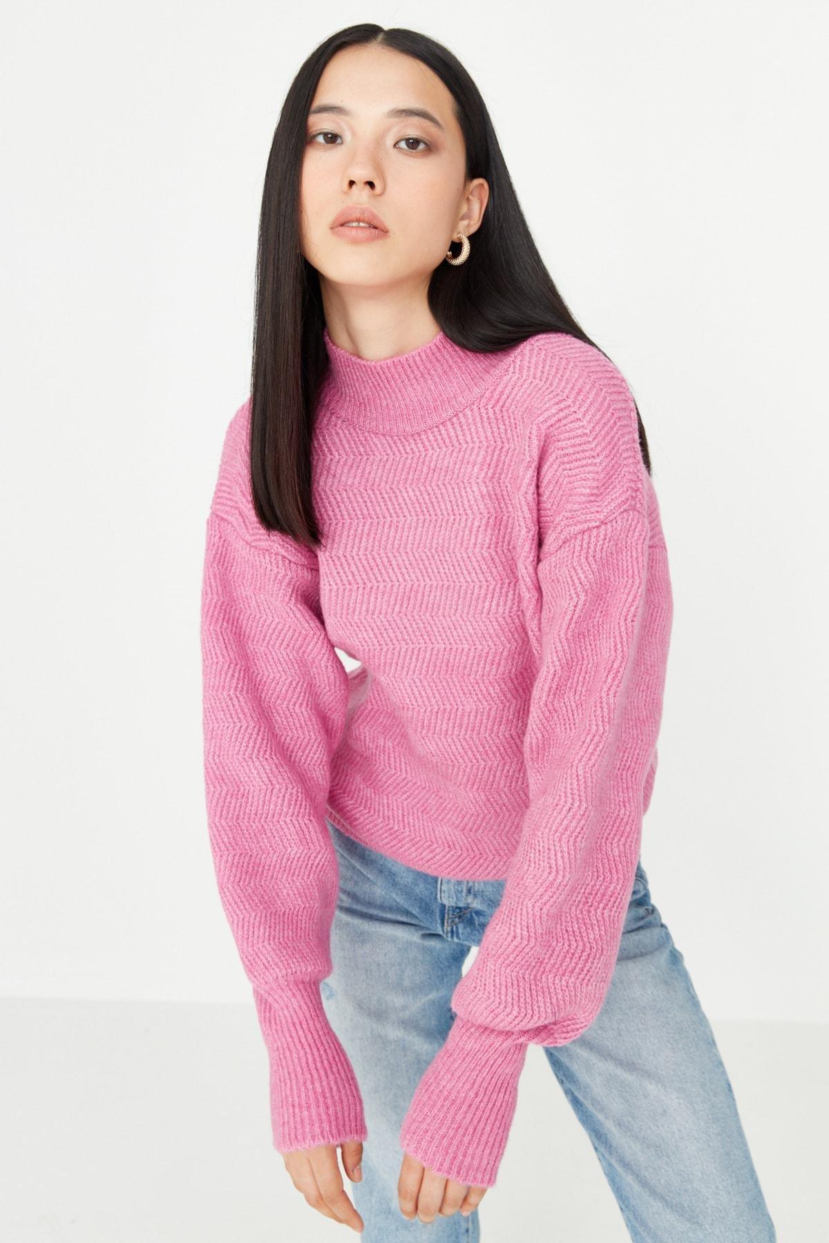 Pink Knitted Balloon Sleeve Sweater, , large image number 1