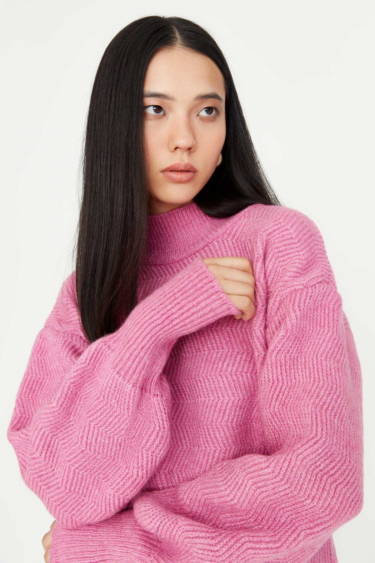 Pink Knitted Balloon Sleeve Sweater, , large image number 2
