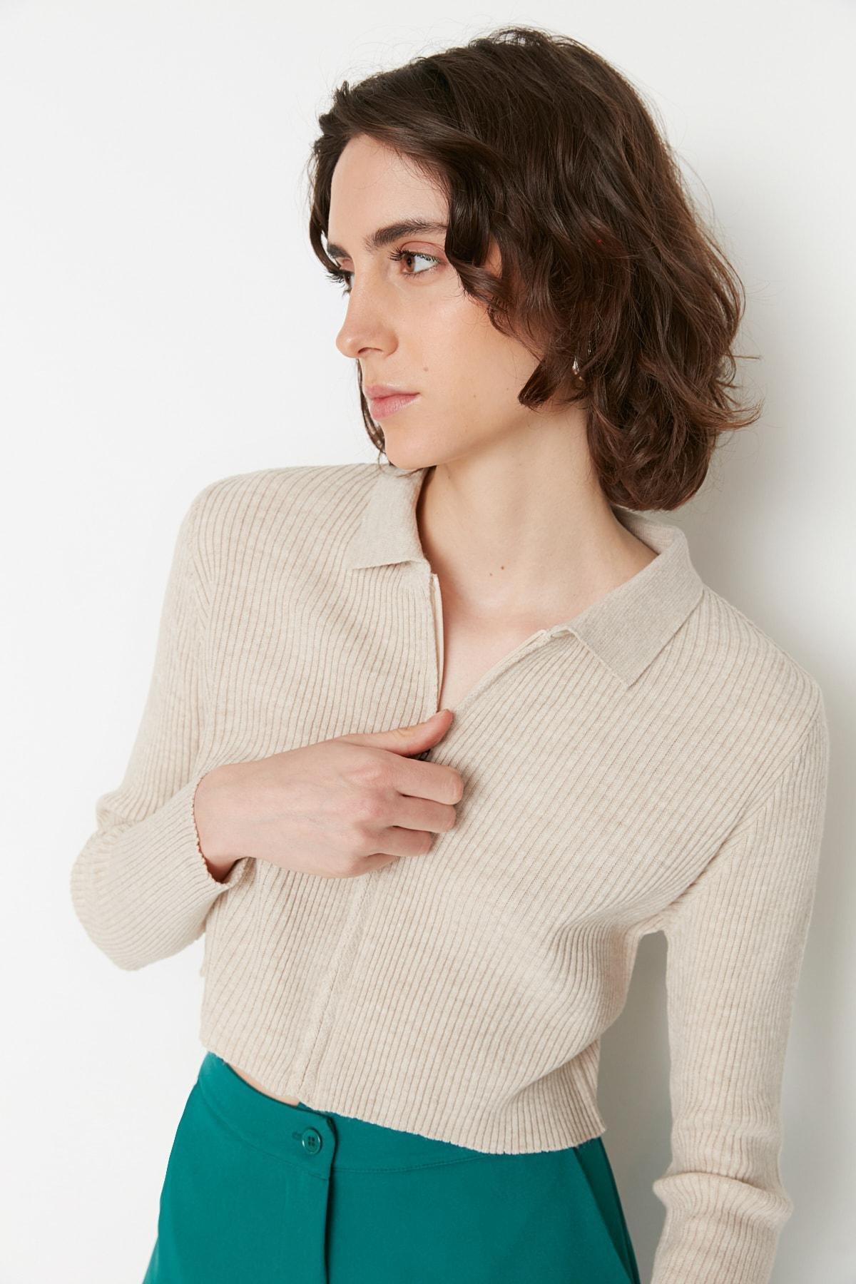 Beige Slim Polo Neck Cardigan, Beige, large image number 0