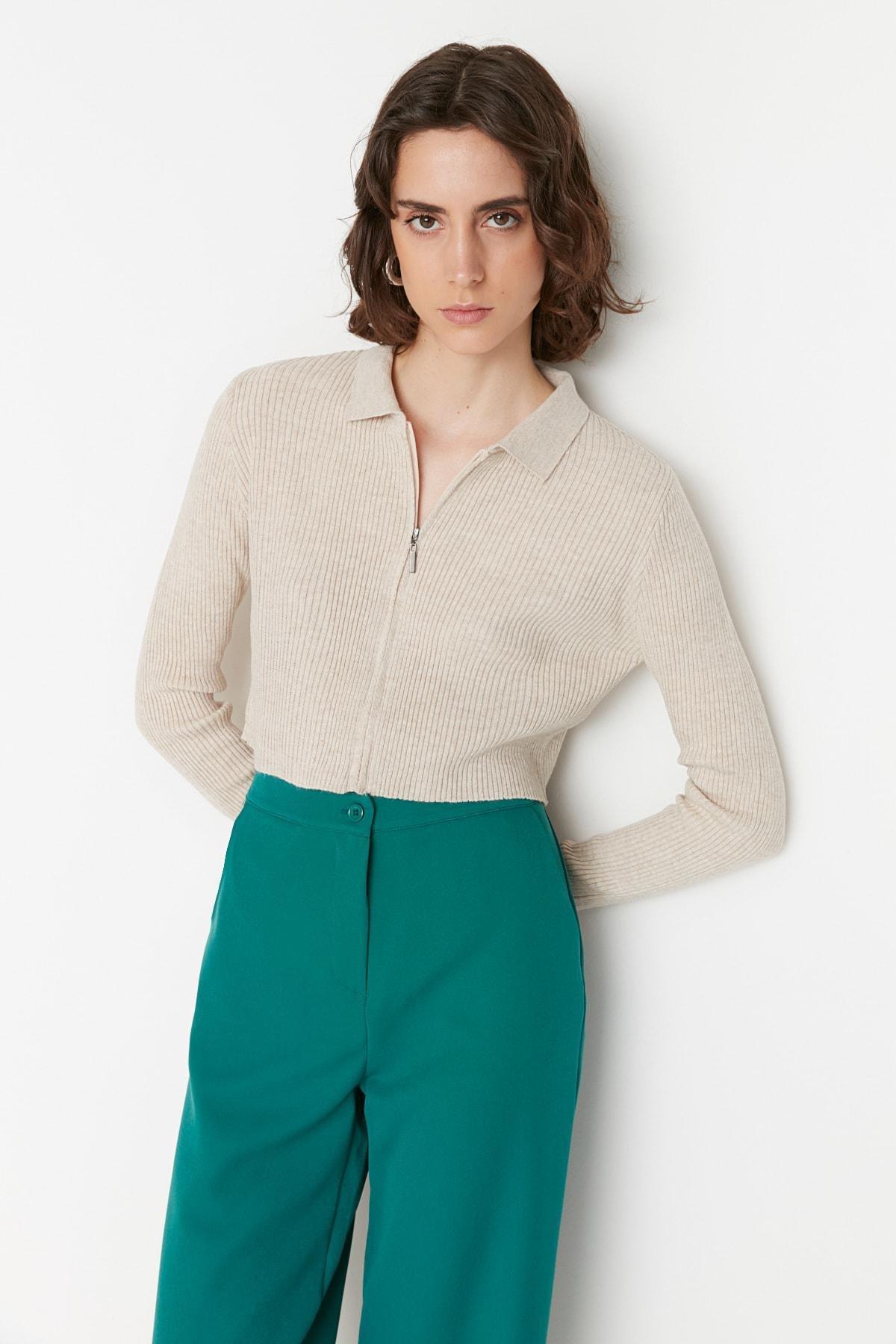 Beige Slim Polo Neck Cardigan, Beige, large image number 1